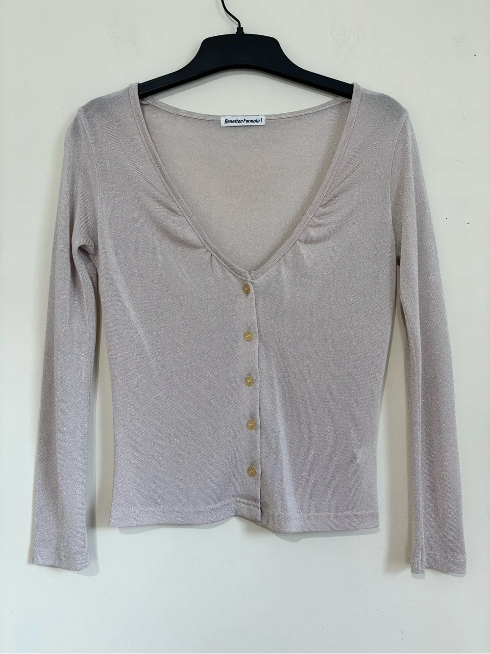 Vintage Benetton Formula 1 Metallic button up long sleeve sheer crop cardigan XS